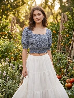 Roxy "Million Waves Again" Crop Top Women Size S Blue Floral Cottagecore Boho